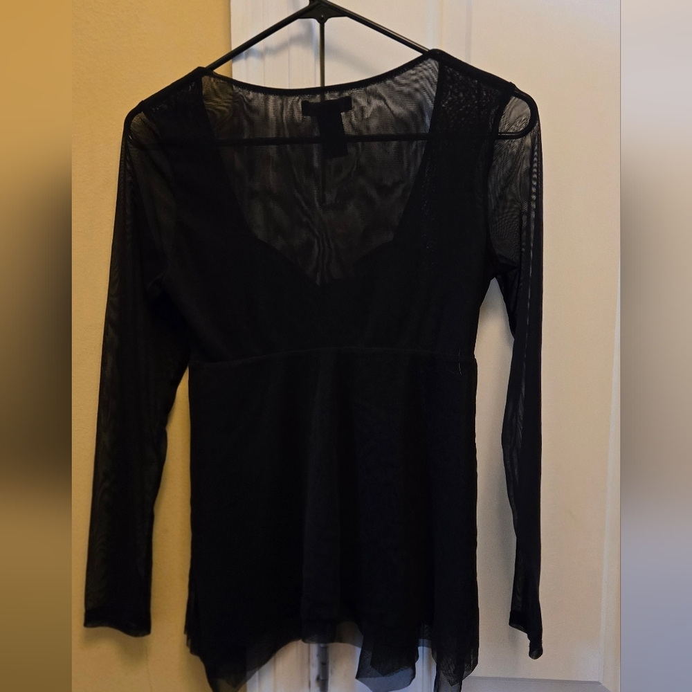 New York & Company Black Asymmetrical Fitted Long Sleeve Y2k Blouse - Picture 3 of 4
